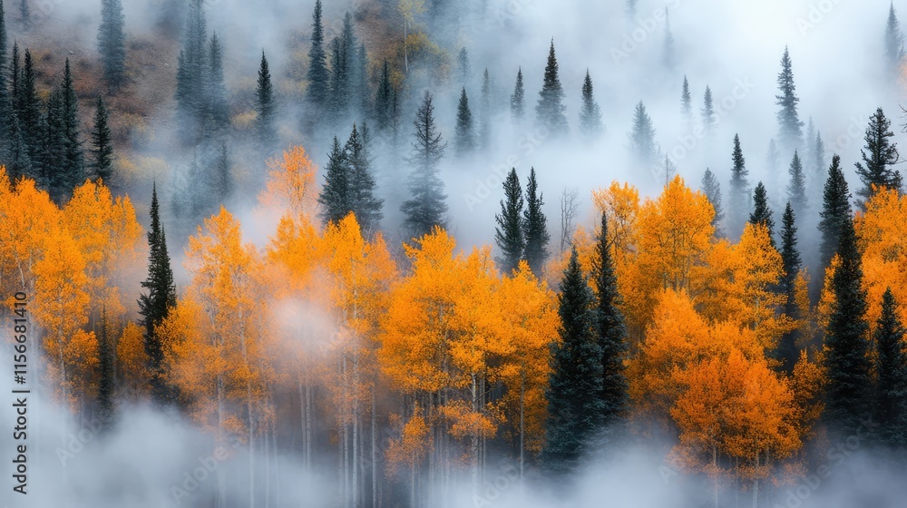 Poster Autumn forest landscape with vibrant orange trees surrounded by misty fog creating a serene and atmospheric scene Ð²Â€Â“ nature background