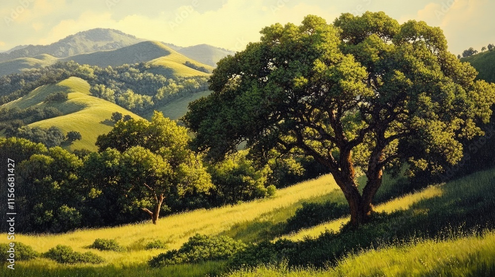 Poster lush green hills adorned with trees and shrubs under a serene sky creating a picturesque natural lan