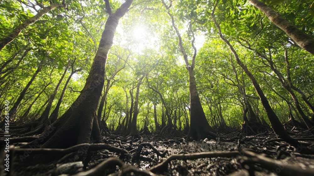 Poster Sunlight filtering through lush green trees in a dense forest creating a serene and vibrant natural atmosphere