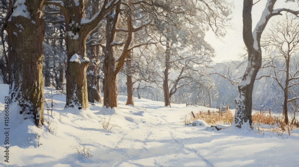 Poster sunlit winter landscape featuring snow-covered trees and a serene path in a tranquil woodland settin