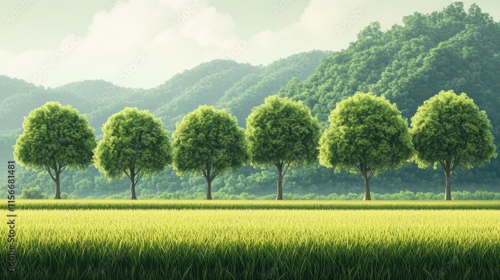 Aufkleber lush green trees lining golden rice fields against a backdrop of rolling hills and soft sunlight ill
