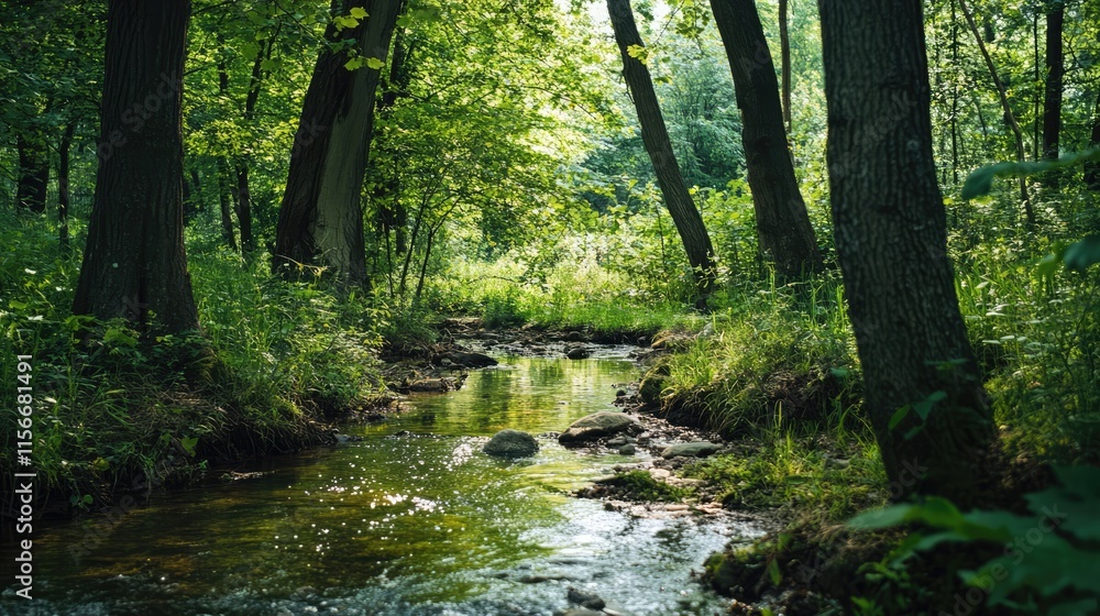 Poster serene forest landscape with a small creek surrounded by lush green trees and sunlight filtering thr