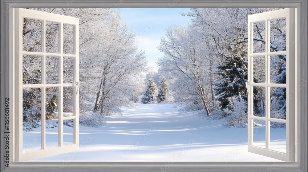 Poster Winter wonderland view through an open window showcasing snow-covered trees and serene landscape in a peaceful outdoor setting.