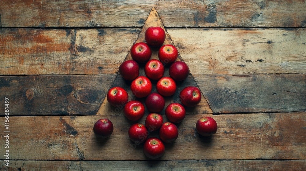 Poster Red apples arranged in a triangle shape on a rustic wooden surface creating a visually appealing and vibrant food composition.