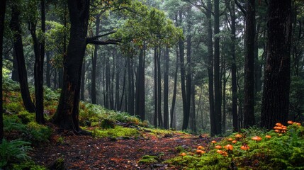 Tranquil forest landscape with lush greenery and vibrant mushrooms in a misty atmosphere ideal for nature-themed projects
