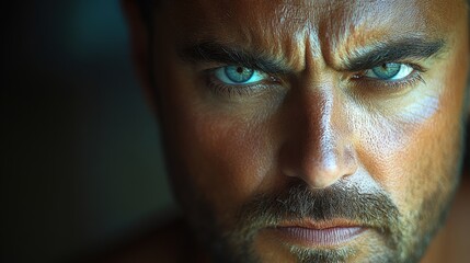 Obraz premium Close-up portrait of a man with intense blue eyes and a serious expression. (4)
