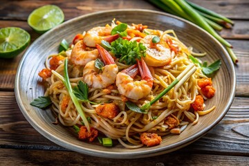 High-resolution drone shot of delicious Pad Thai with shrimp. Thai food photography.