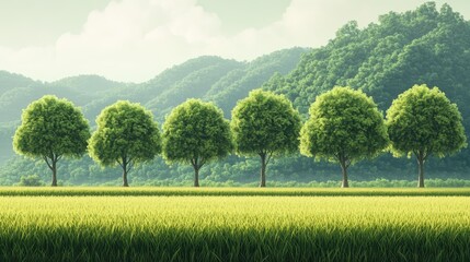 Fototapeta premium Lush green trees lining golden rice fields against a backdrop of rolling hills and soft sunlight illuminating a serene agricultural landscape