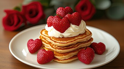 A delicious stack of fluffy pancakes topped with whipped cream and fresh strawberries, surrounded by elegant red roses.