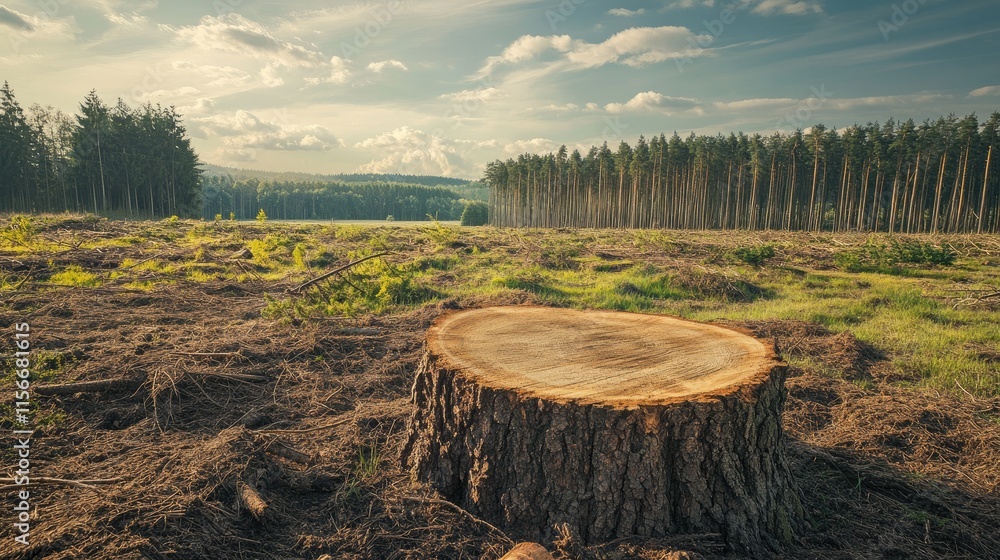 Poster cut tree stump in deforested landscape highlighting remaining roots and surrounding cleared area und
