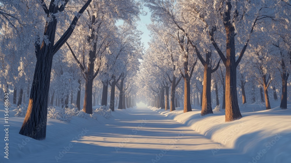 Poster Snow-covered park path lined with frosted trees creating a serene winter landscape inviting exploration and tranquility