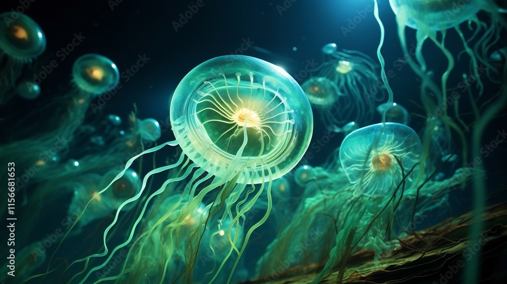 Poster illuminated phytoplankton layers in a surreal ocean biome showcasing intricate nutrient patterns and