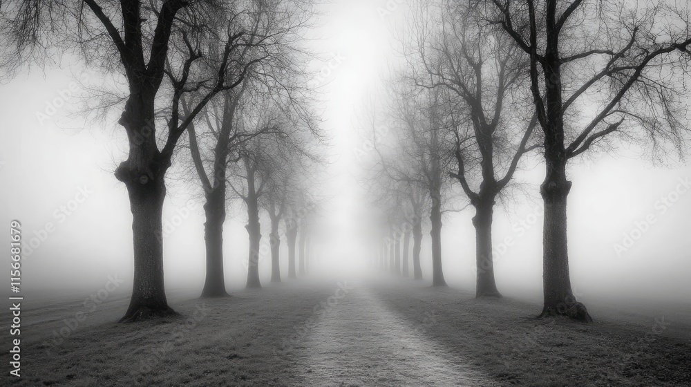 Aufkleber Misty path lined with bare trees creating a serene and mysterious atmosphere in a foggy landscape monochrome scene