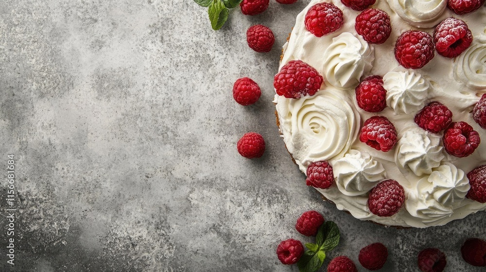 Poster delicious tres leches cake topped with whipped cream and fresh raspberries on a gray concrete backgr