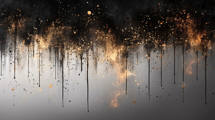 Abstract Black and Gold Paint Splatters on Gray Background