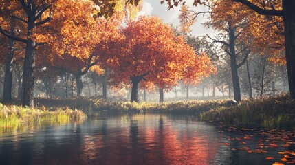 Obraz premium Autumn landscape with vibrant trees reflecting in a serene pond surrounded by lush foliage and a tranquil atmosphere