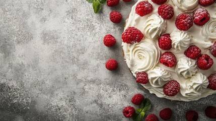 Fototapeta premium Delicious tres leches cake topped with whipped cream and fresh raspberries on a gray concrete background with ample copy space