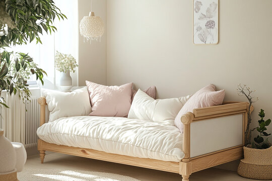 Cozy daybed in light-filled living room with soft pillows and plant accents.