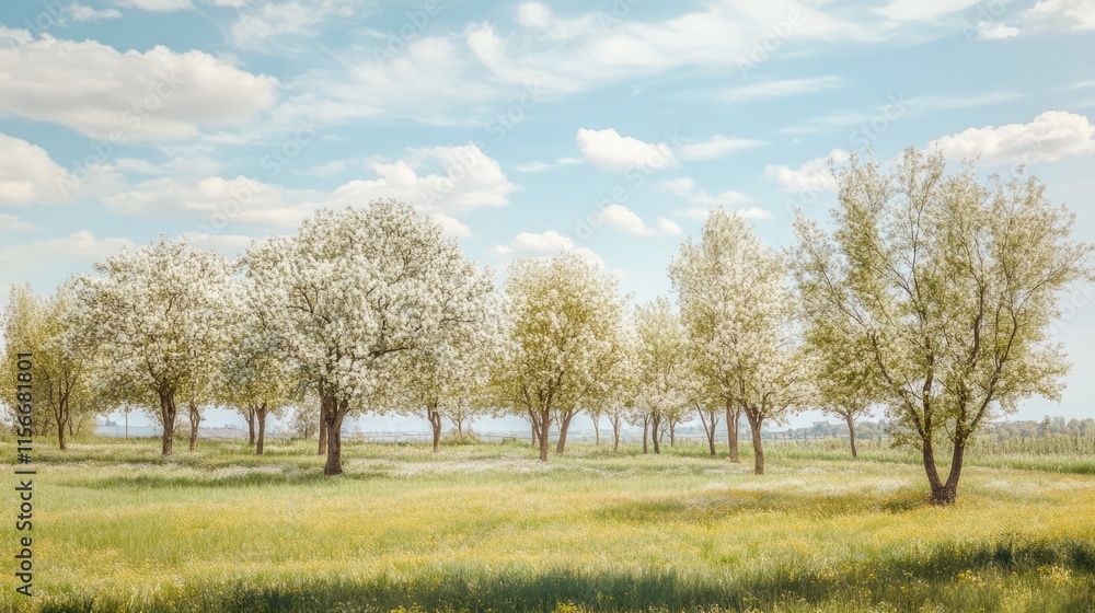 Poster blooming trees in springtime meadow with blue sky and fluffy clouds in the background creating a ser