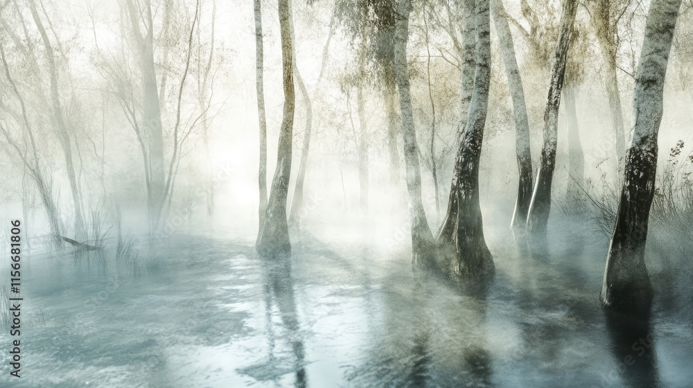 Poster Misty forest landscape with trees reflecting in a serene stream creating a tranquil and ethereal atmosphere in nature