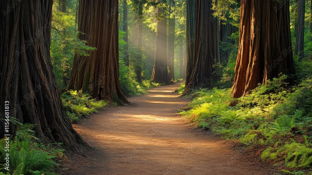 Poster Pathway through a majestic forest with towering trees and soft sunlight illuminating the serene natural landscape.