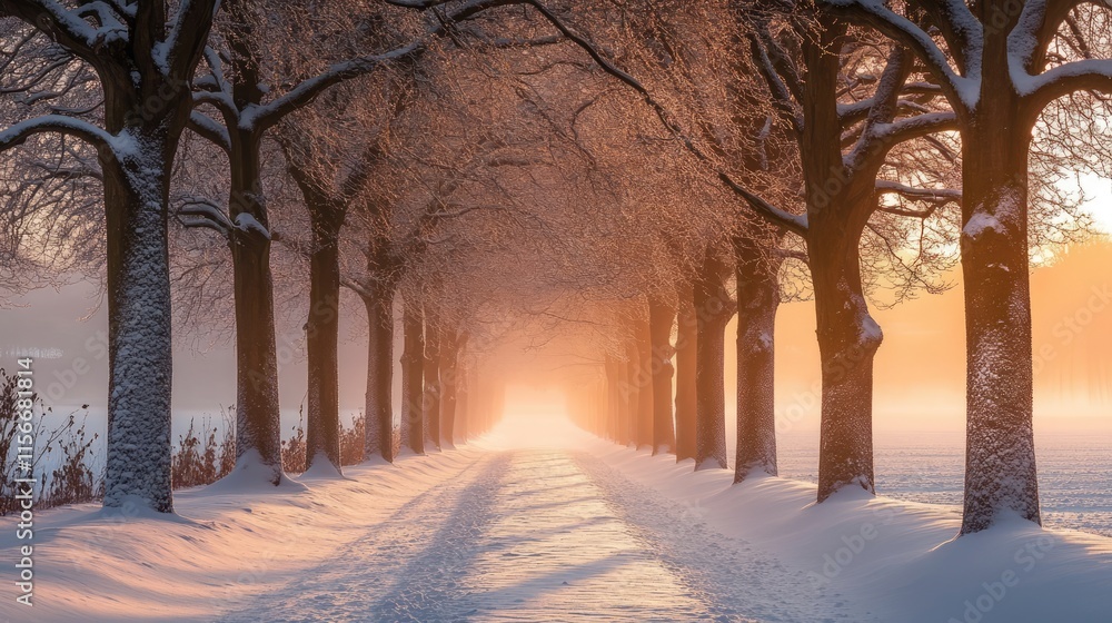 Poster winter landscape with snow-covered trees creating a tranquil pathway illuminated by warm sunlight in