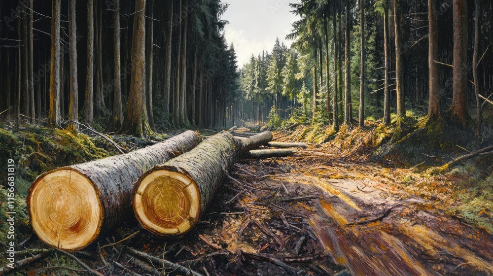 Poster Felled trees in a forest clearing showcasing deforestation and timber extraction with sunlight filtering through tall trees