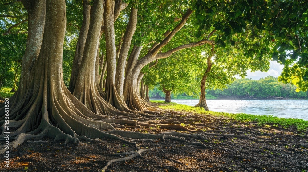 Poster trees with exposed roots along a serene riverbank creating a lush natural landscape under dappled su