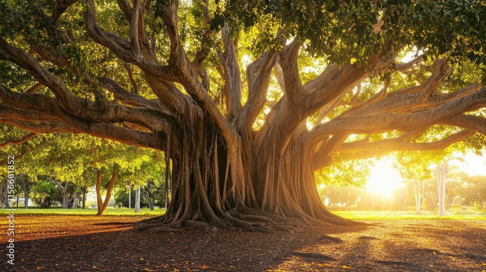 Poster majestic trees bathed in warm sunlight creating a tranquil natural landscape in the heart of a seren