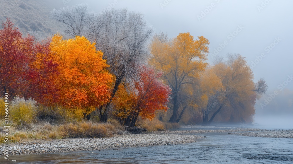 Poster autumn landscape with colorful trees in hoarfrost along a foggy riverbank creating a serene and tran