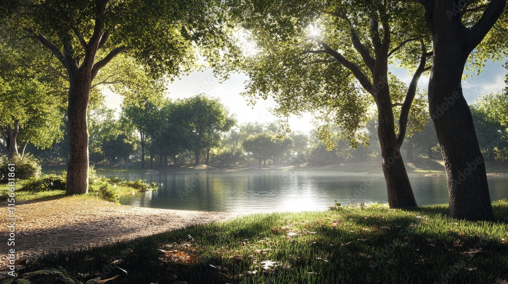 Aufkleber serene lake landscape with lush trees and sunlight filtering through foliage in a tranquil natural s