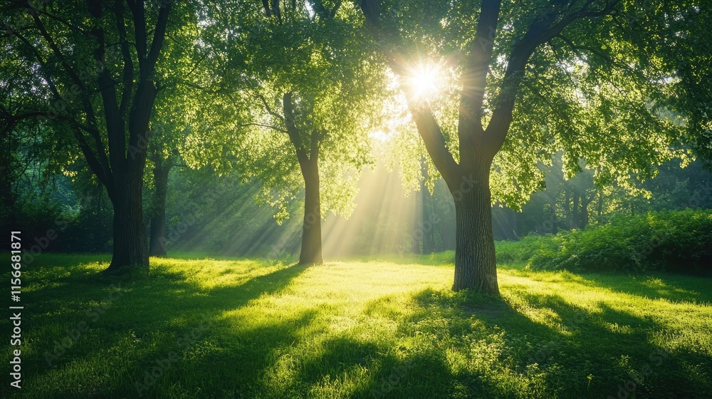 Aufkleber Sunlight filtering through trees in a serene forest creating a tranquil atmosphere and vibrant greenery on the ground