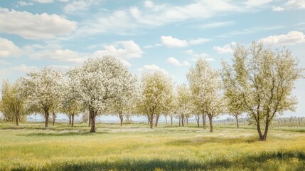 Obraz premium blooming trees in springtime meadow with blue sky and fluffy clouds in the background creating a serene natural landscape scene