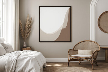 Elegant modern bedroom with abstract art and natural decor elements.