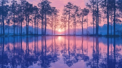 Fototapeta premium Serene dawn reflection of trees in a tranquil lake with vibrant pink and blue hues creating a picturesque nature scene