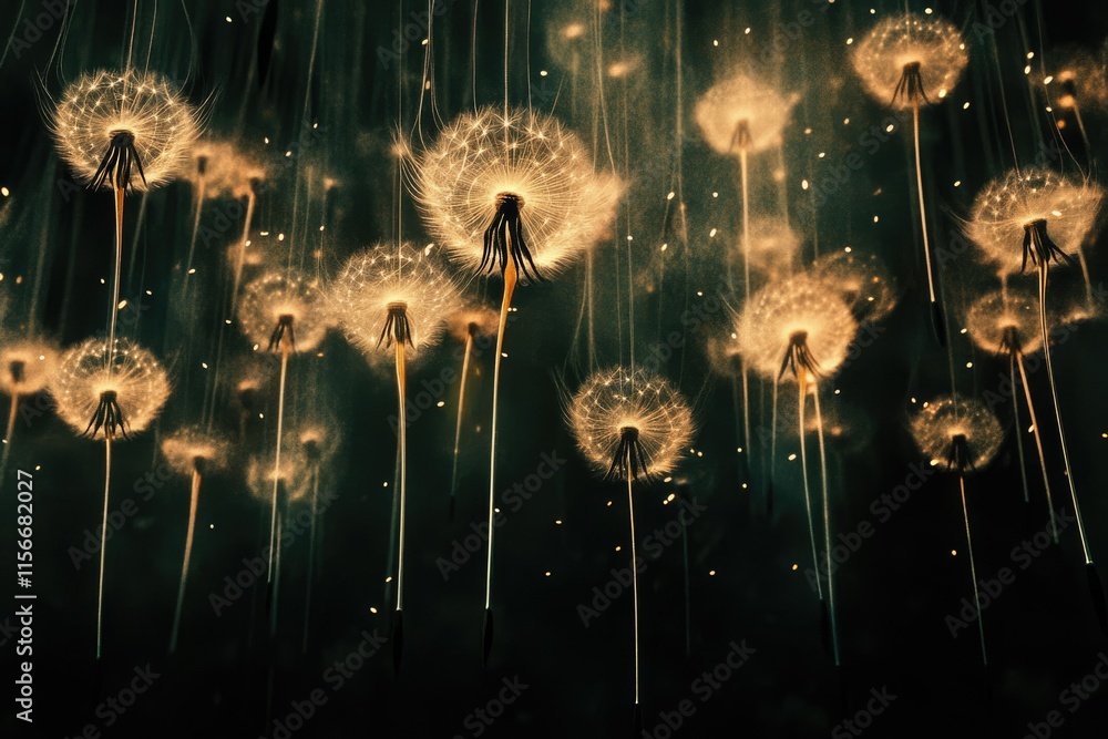 Poster glowing dandelion seeds float in the dark, creating a magical, ethereal scene.