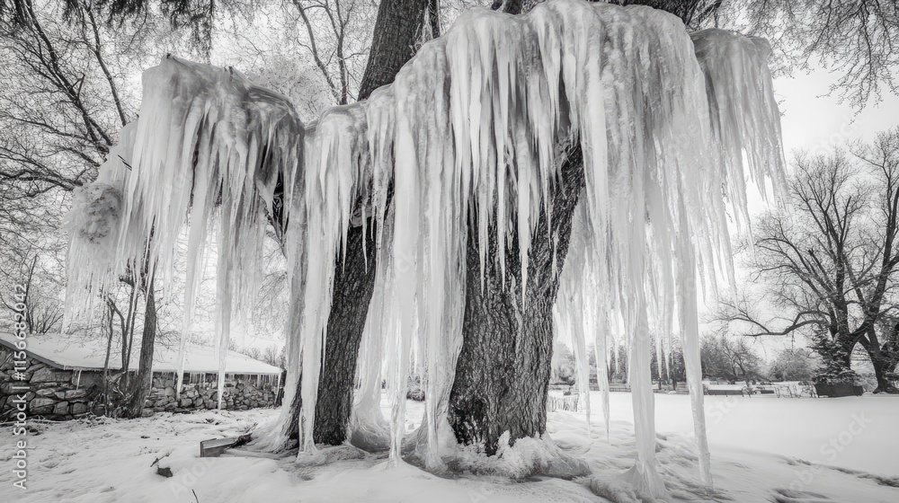 Poster icicles hanging from a tree in a snowy landscape showcasing winter's beauty and serenity in a monoch