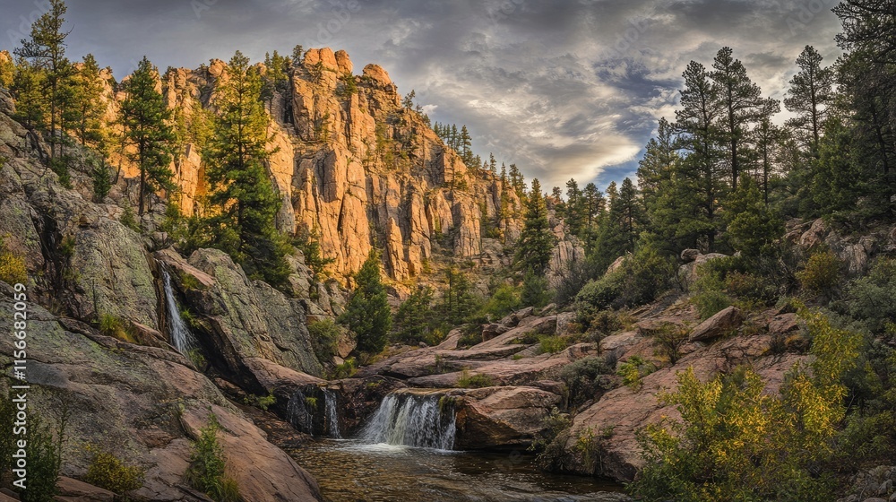 Poster serene landscape featuring a waterfall cascading through rocky terrain surrounded by lush forest and