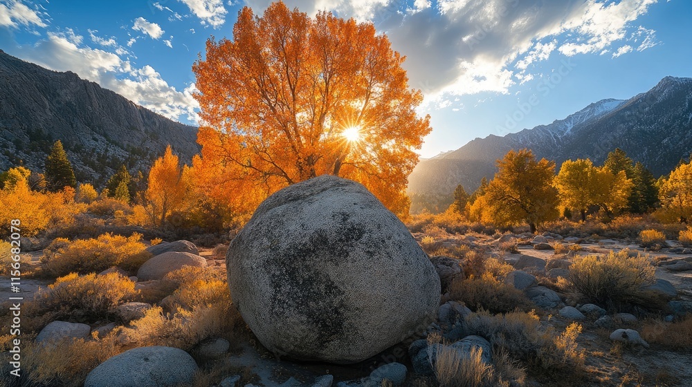 Poster autumn landscape featuring vibrant orange trees with sunlight shining through and a prominent boulde