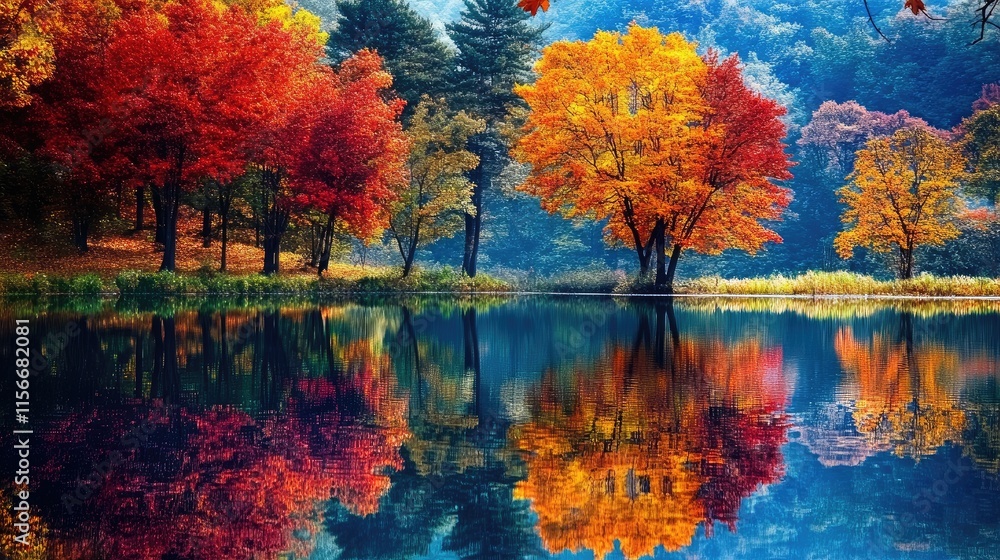 Poster autumn trees mirroring vibrant colors on a serene pond surface creating a picturesque landscape scen