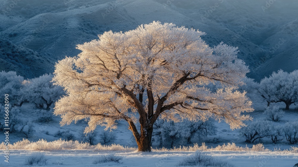 Poster frosted trees in winter mountains creating a serene snowy landscape for a tranquil christmas atmosph
