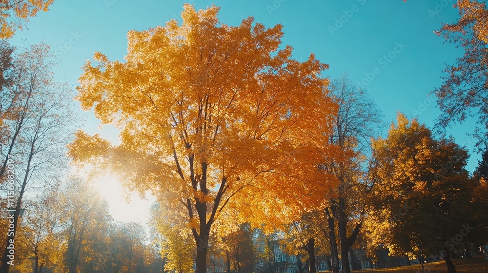 Aufkleber autumn trees glowing in sunlight with vibrant yellow and orange leaves in a serene park setting surr