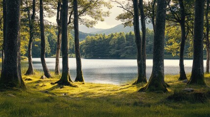 Tranquil Forest Landscape by Serene Lake with Majestic Mountains in the Distance