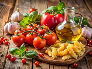 Italian Cooking Ingredients - Fresh Tomatoes, Pasta, Basil