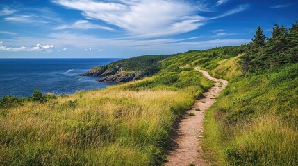 Fototapeta premium Scenic coastal trekking trails with lush greenery and blue ocean under a vibrant sky on a sunny day