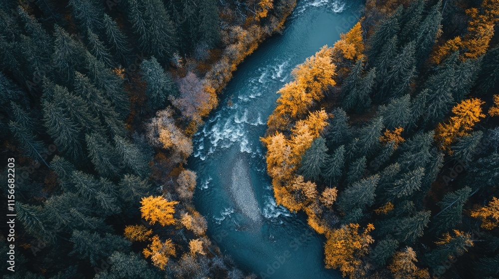 Poster aerial view of vibrant autumn foliage alongside a winding river surrounded by dense evergreen trees 