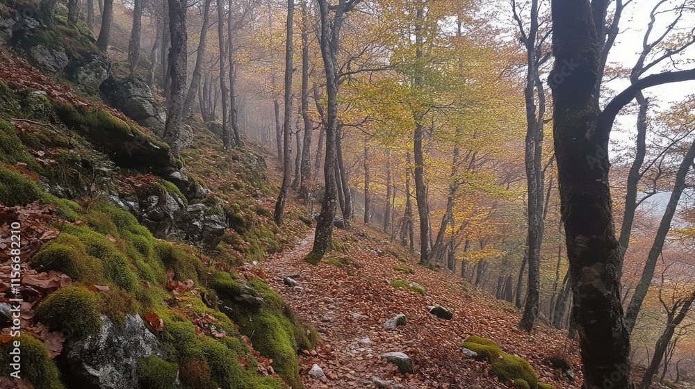 Poster Autumn forest path with mossy rocks and colorful foliage in the Alps creating a serene hiking atmosphere
