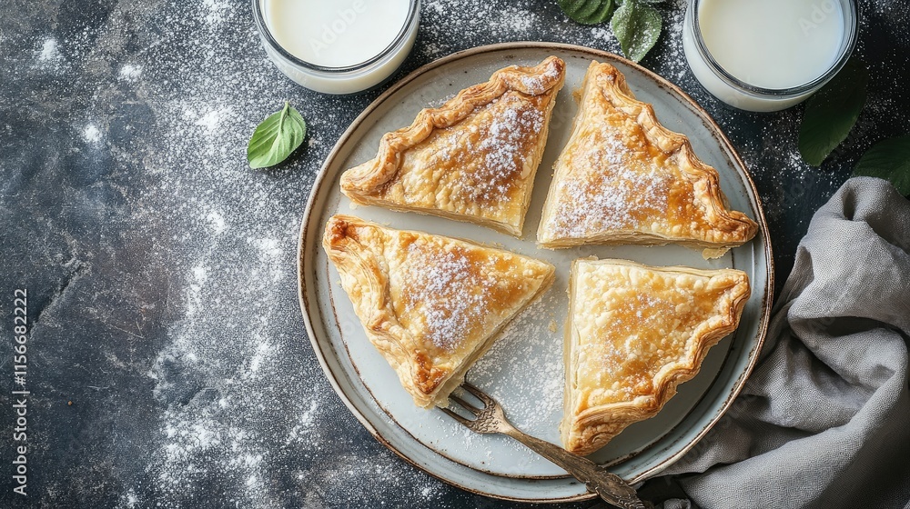 Poster Triangular puff pastry pies with powdered sugar and milk on a rustic background top view