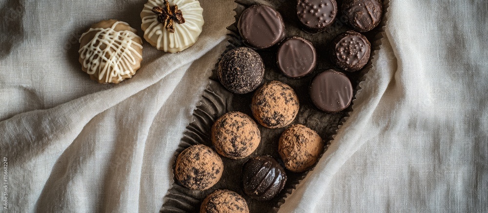 Poster chocolate and anise truffles arranged on a soft linen backdrop showcasing a variety of delicious gou