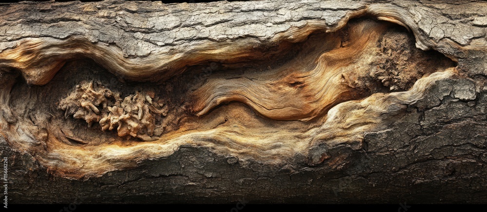 Poster Textured surface of an ancient oak tree trunk showcasing intricate patterns and natural aging in a rustic woodland setting.